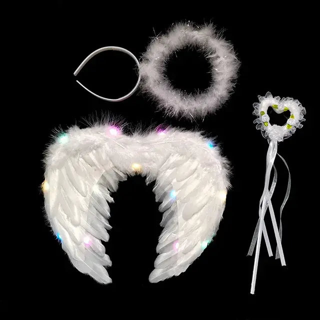 Women LED Flash White Angel Feather Wings Decoration Girl Props Holiday Gift Adult Children Cosplay Birthday Wedding Halloween
