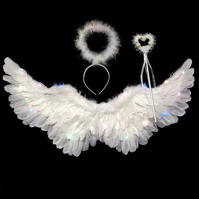 Women LED Flash White Angel Feather Wings Decoration Girl Props Holiday Gift Adult Children Cosplay Birthday Wedding Halloween