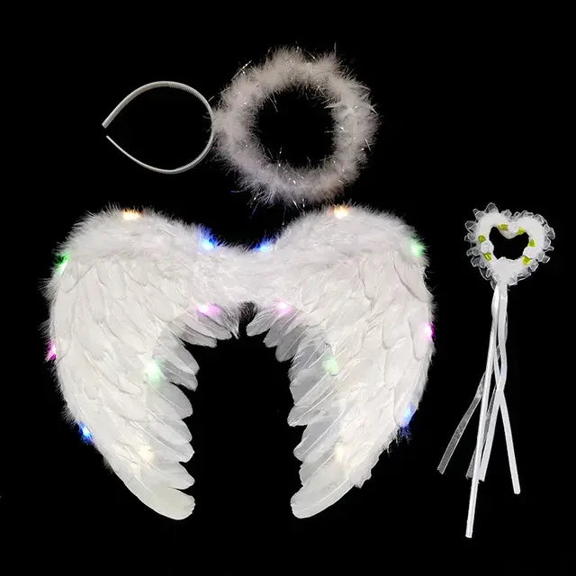 Women LED Flash White Angel Feather Wings Decoration Girl Props Holiday Gift Adult Children Cosplay Birthday Wedding Halloween