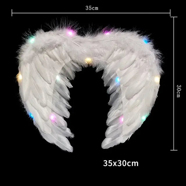 Women LED Flash White Angel Feather Wings Decoration Girl Props Holiday Gift Adult Children Cosplay Birthday Wedding Halloween