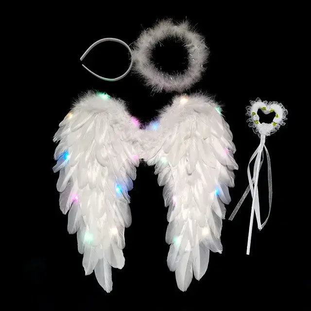 Women LED Flash White Angel Feather Wings Decoration Girl Props Holiday Gift Adult Children Cosplay Birthday Wedding Halloween