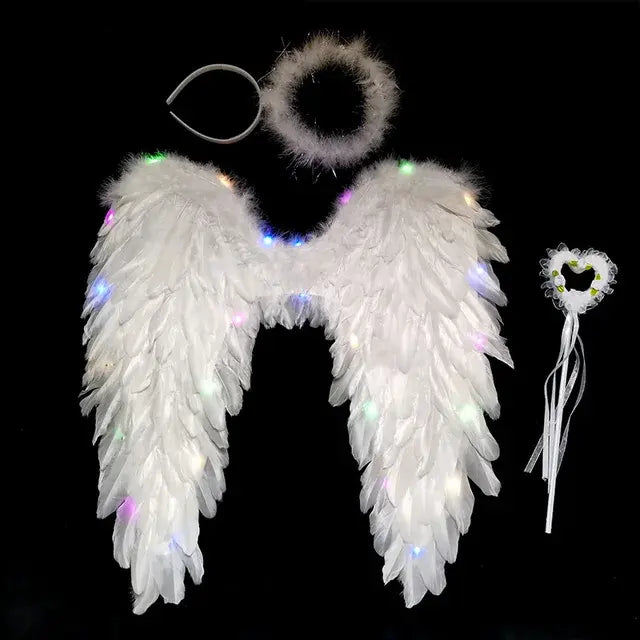 Women LED Flash White Angel Feather Wings Decoration Girl Props Holiday Gift Adult Children Cosplay Birthday Wedding Halloween