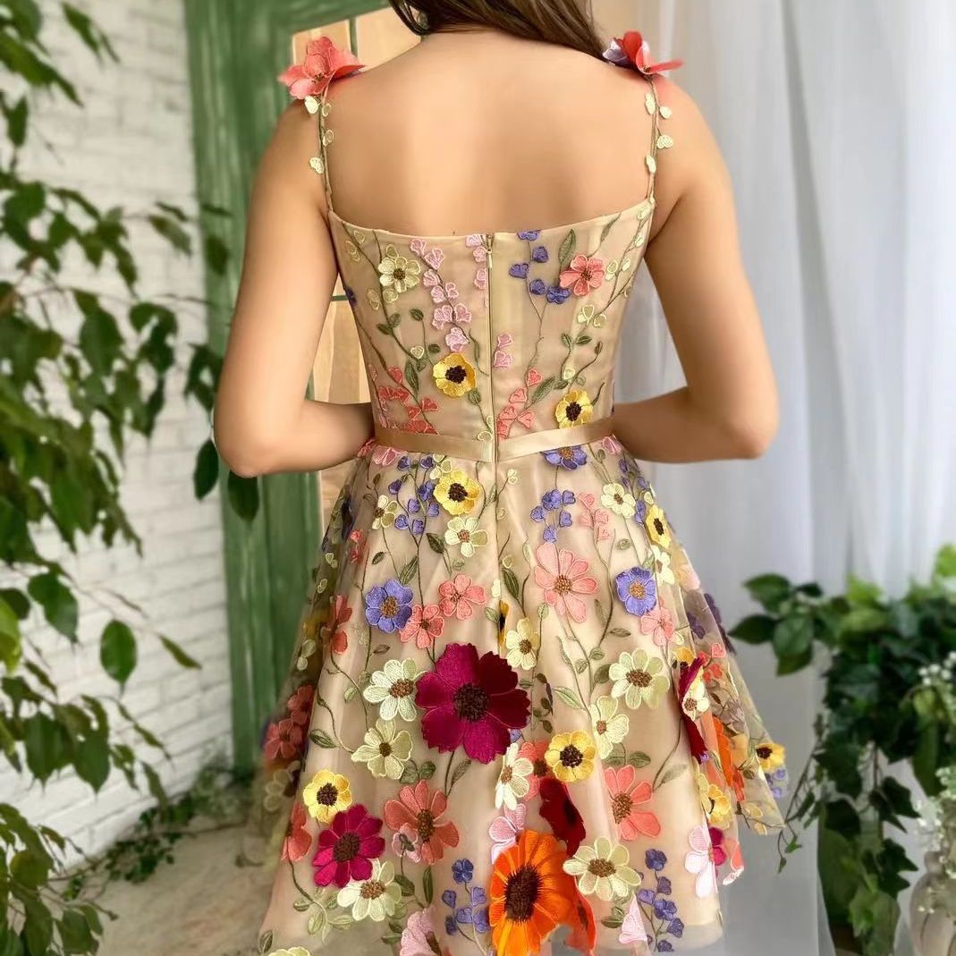 Three-dimensional Flower Embroidery Dress Summer Fashion Sweet A-line Suspender
