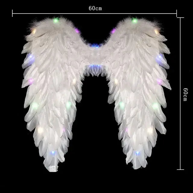 Women LED Flash White Angel Feather Wings Decoration Girl Props Holiday Gift Adult Children Cosplay Birthday Wedding Halloween