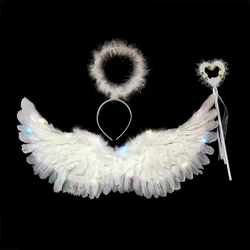 Women LED Flash White Angel Feather Wings Decoration Girl Props Holiday Gift Adult Children Cosplay Birthday Wedding Halloween