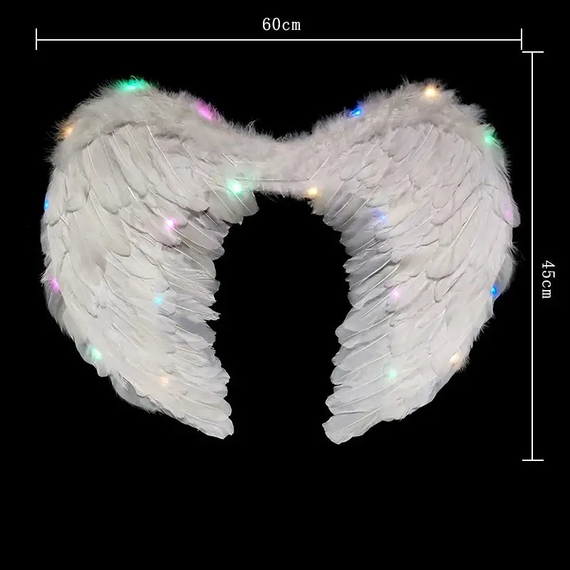 Women LED Flash White Angel Feather Wings Decoration Girl Props Holiday Gift Adult Children Cosplay Birthday Wedding Halloween