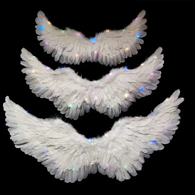Women LED Flash White Angel Feather Wings Decoration Girl Props Holiday Gift Adult Children Cosplay Birthday Wedding Halloween