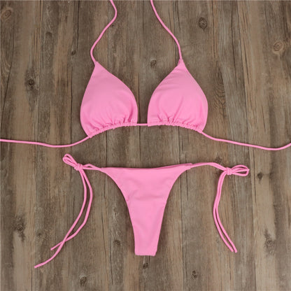 2pcs Halterneck Lace-up Bikini Women Summer Solid Color Sexy Split Strap Adjustable Swimsuit Suit