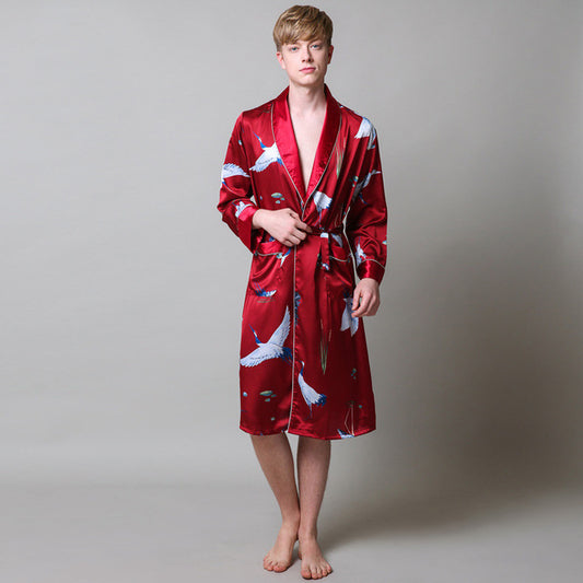 Men's fashionable silk skin dressing gown in autumn
