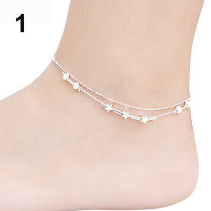 Silver Anklet Peach Heart Anklet Bell Pentagram Square Round Bead Butterfly Anklet