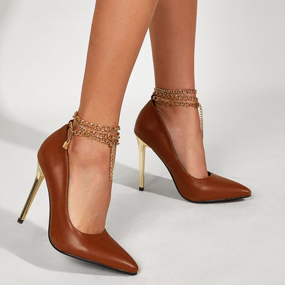 Metal Chain Pointed High Heels Women's Low-top Stiletto Heels