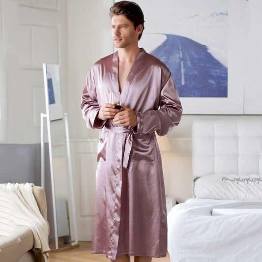 Men's Home Wear Mid-length Cardigan Simulation Silk Nightgown