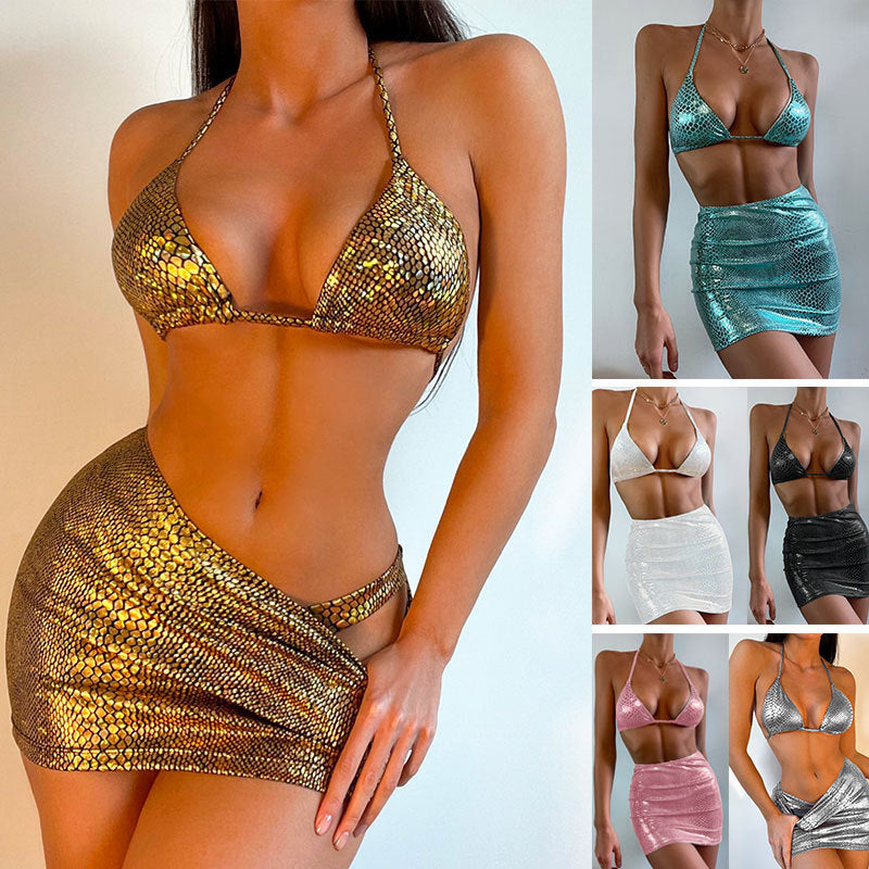 Women's 3 Piece Bathing Suits Halter Snake Pattern Bikini Set With Cover Up Skirt Summer Swimsuit