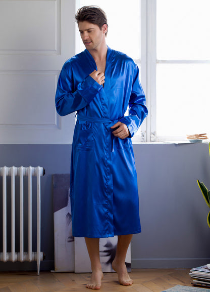 Men's Home Wear Mid-length Cardigan Simulation Silk Nightgown