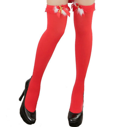 Christmas Bow Thigh Socks New Year's Red