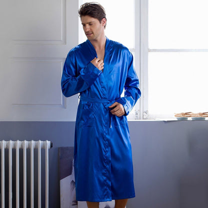 Men's Home Wear Mid-length Cardigan Simulation Silk Nightgown