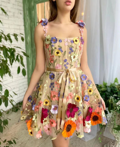 Three-dimensional Flower Embroidery Dress Summer Fashion Sweet A-line Suspender