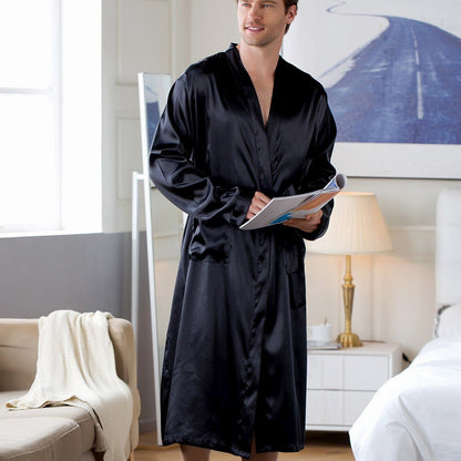 Men's Home Wear Mid-length Cardigan Simulation Silk Nightgown