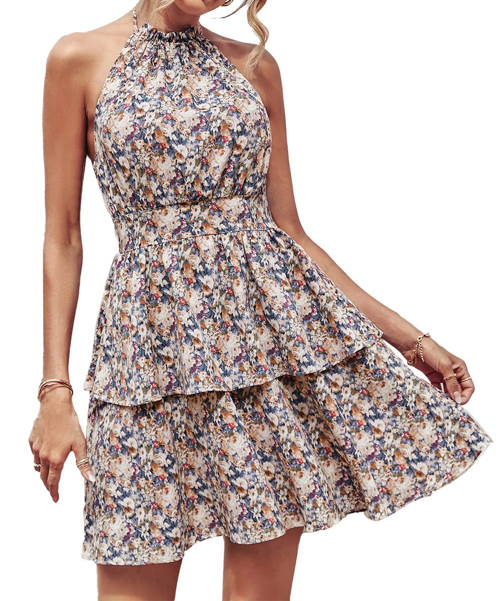 Summer Printed Halter Dress Fashion Boho Backless Ruffled A-Line Beach Dress