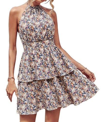 Summer Printed Halter Dress Fashion Boho Backless Ruffled A-Line Beach Dress