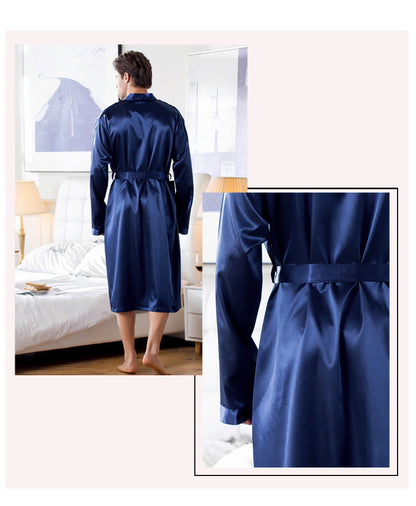 Men's Home Wear Mid-length Cardigan Simulation Silk Nightgown