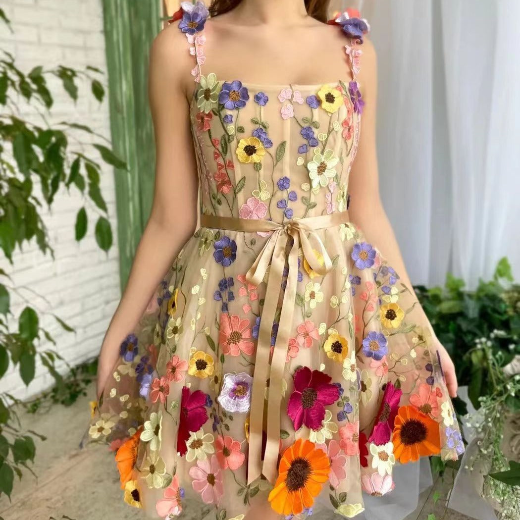 Three-dimensional Flower Embroidery Dress Summer Fashion Sweet A-line Suspender