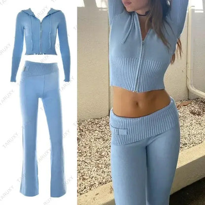 Knitted Hoodie Cropped Top And Pants Set