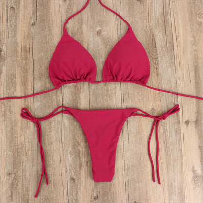 2pcs Halterneck Lace-up Bikini Women Summer Solid Color Sexy Split Strap Adjustable Swimsuit Suit