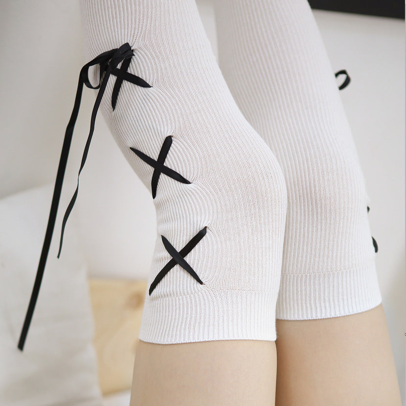 Over The Knee Socks Black And White Cross Ribbon Thigh Socks Female High Socks