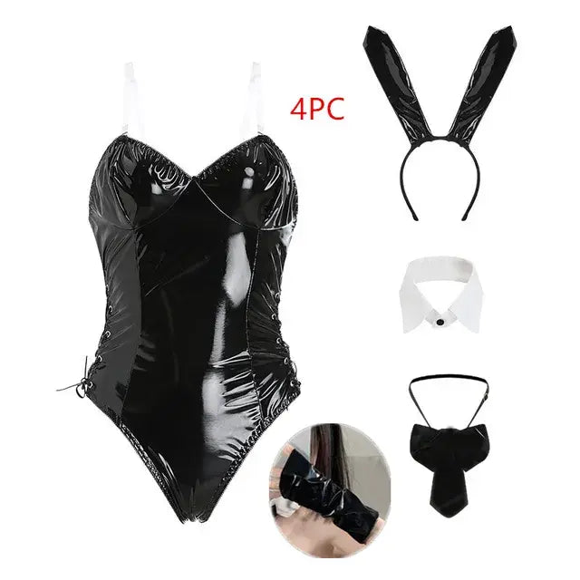 Faux Leather Rabbit Woman Set Bunny Girl Costume KDA ALL OUT Costume Sexy Cosplay for Women Bunny Suit Jumpsuit LOL Game