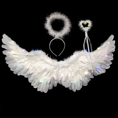 Women LED Flash White Angel Feather Wings Decoration Girl  Props Holiday Gift Adult Children  Cosplay Birthday Wedding Halloween