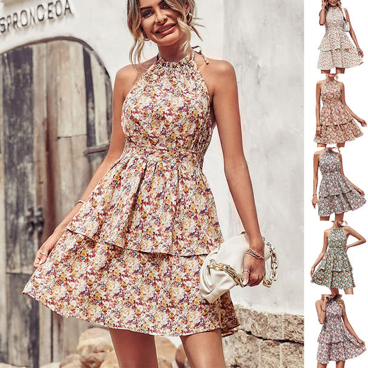 Summer Printed Halter Dress Fashion Boho Backless Ruffled A-Line Beach Dress