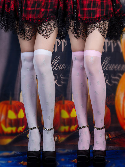 Halloween Black Over-the-knee Printed Skull Thigh High Socks