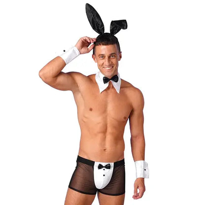 Men's Waiter Cosplay Lingerie Sexy Tuxedo Costume Role Play Uniform See Through Boxers Shorts with Bunny Ears Headband Collar