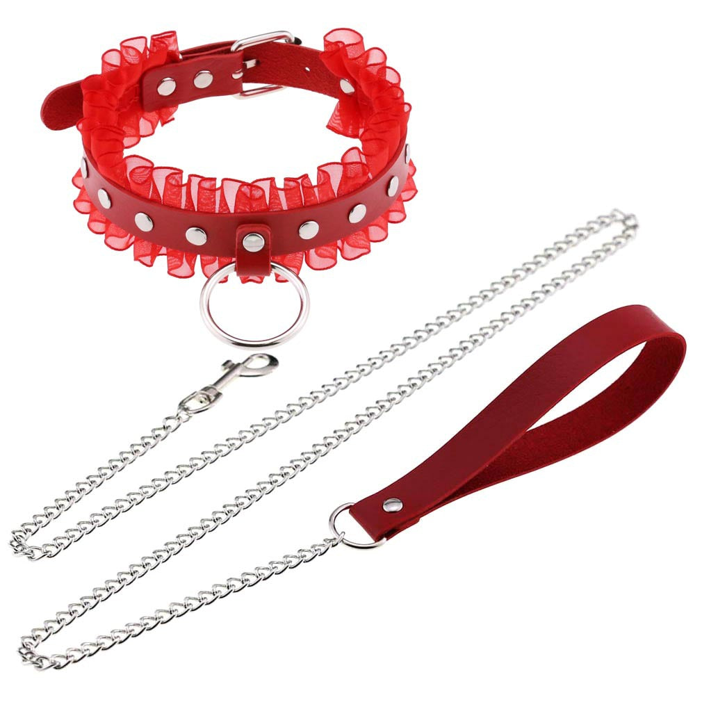 Fashion Beautiful Girl Wave Lace PU Bondage Hand Holding Rope Collar