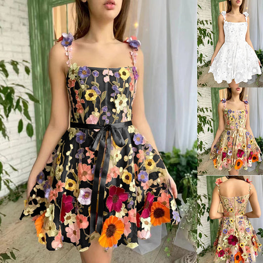 Three-dimensional Flower Embroidery Dress Summer Fashion Sweet A-line Suspender