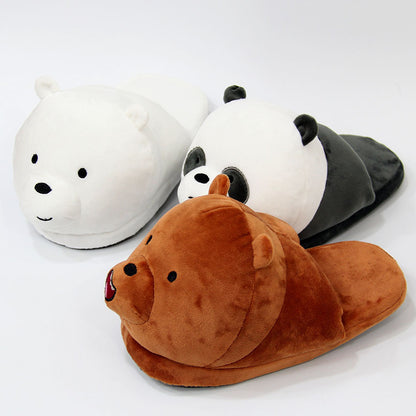 Cute Bear Plush Slippers White Bear Black Bear Cotton Slippers Winter Couple Home Warm Shoes