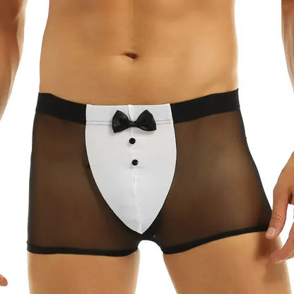Men's Waiter Cosplay Lingerie Sexy Tuxedo Costume Role Play Uniform See Through Boxers Shorts with Bunny Ears Headband Collar