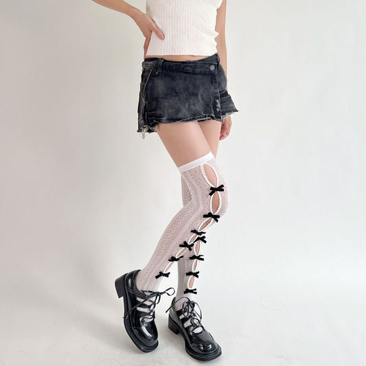 Handmade Hollow Flocked Bow Lace Thigh Socks