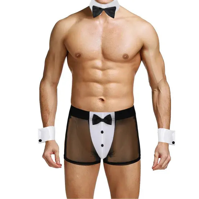 Men's Waiter Cosplay Lingerie Sexy Tuxedo Costume Role Play Uniform See Through Boxers Shorts with Bunny Ears Headband Collar