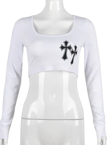 Cross Embroidered Crop Top for Women