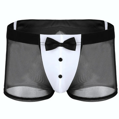 Men's Waiter Cosplay Lingerie Sexy Tuxedo Costume Role Play Uniform See Through Boxers Shorts with Bunny Ears Headband Collar