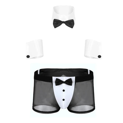 Men's Waiter Cosplay Lingerie Sexy Tuxedo Costume Role Play Uniform See Through Boxers Shorts with Bunny Ears Headband Collar